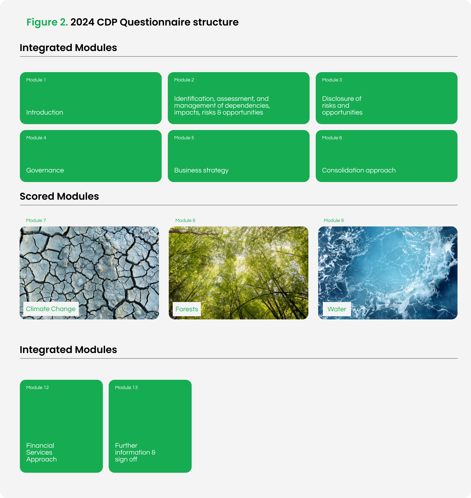 Illustration representing all of the modules of the updated cdp questionnaire