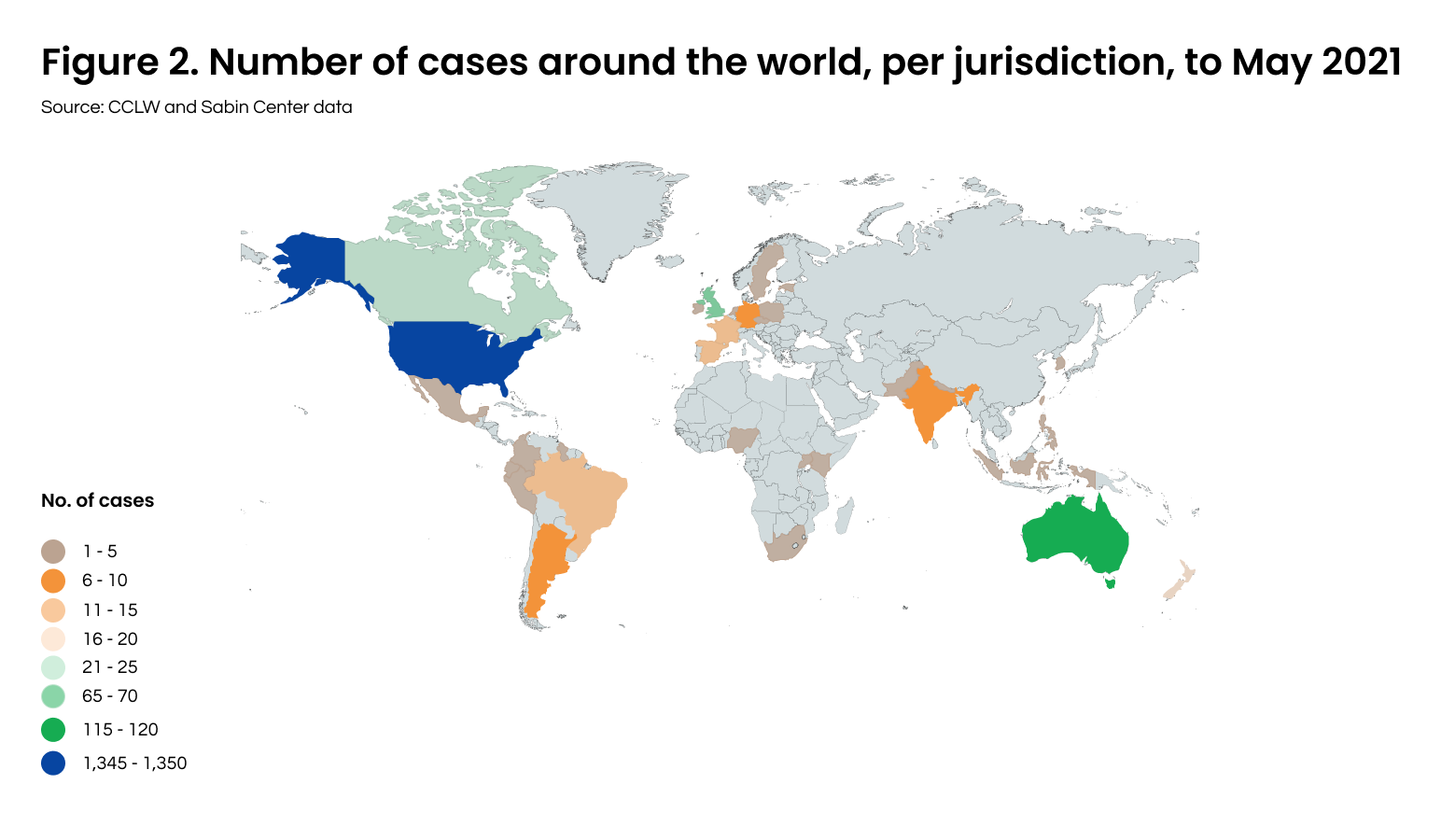 Map showing the number of climate-related legal cases globally